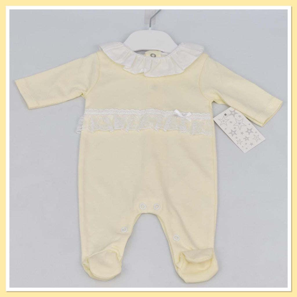 Lemon baby grow with lace