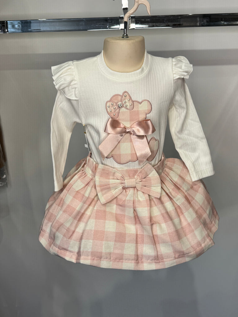 Pink check teddy bear skirt set