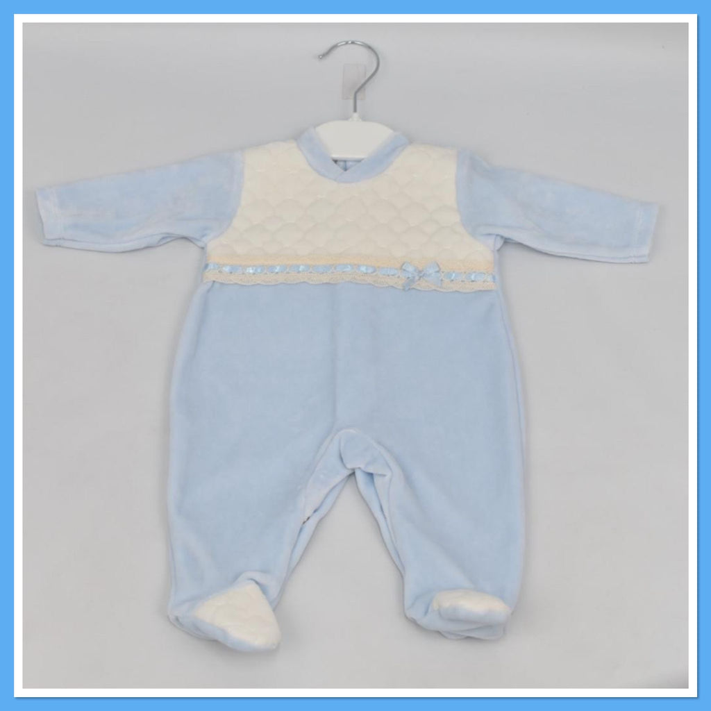 Blue & Cream velour baby grow