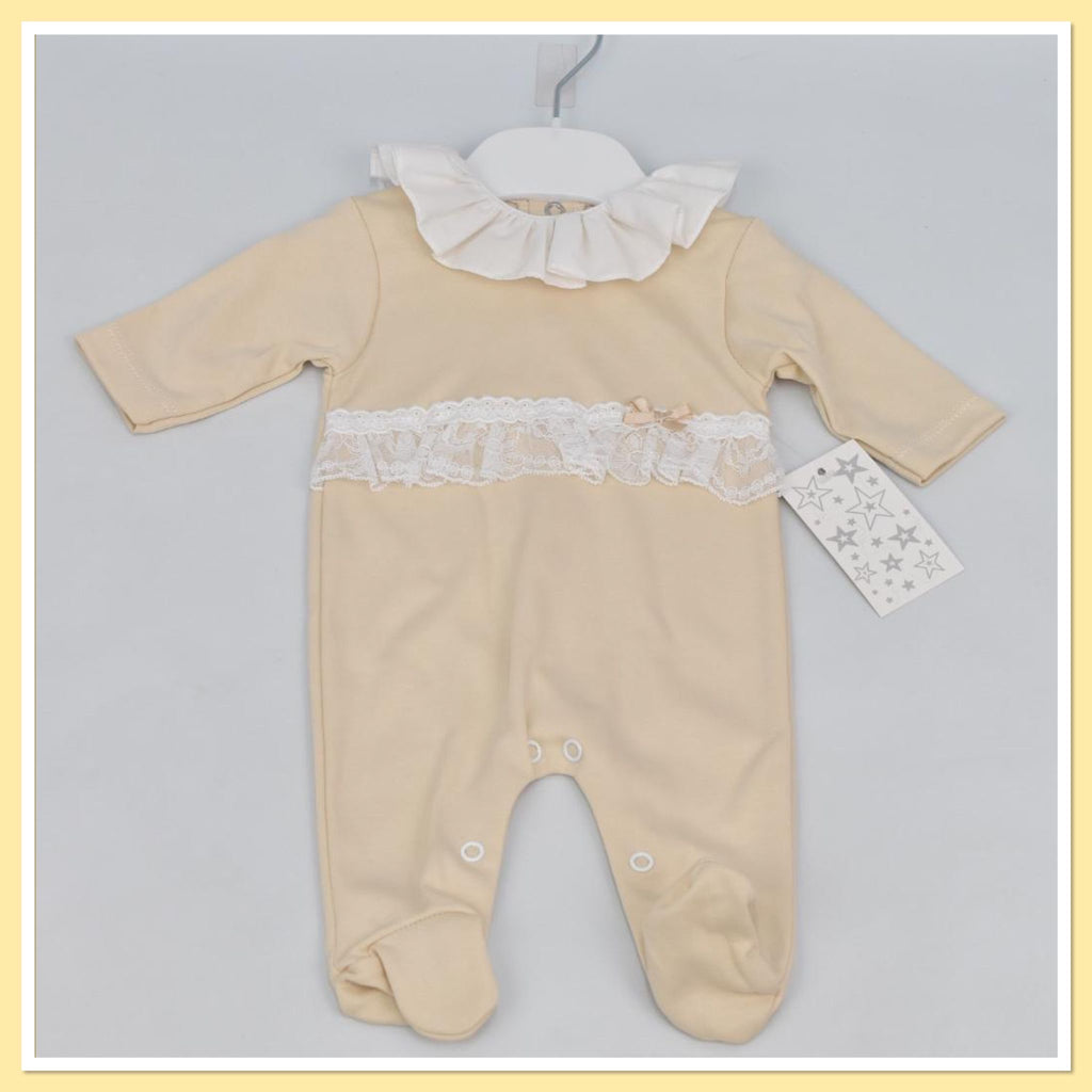 Camel baby grow with lace trim